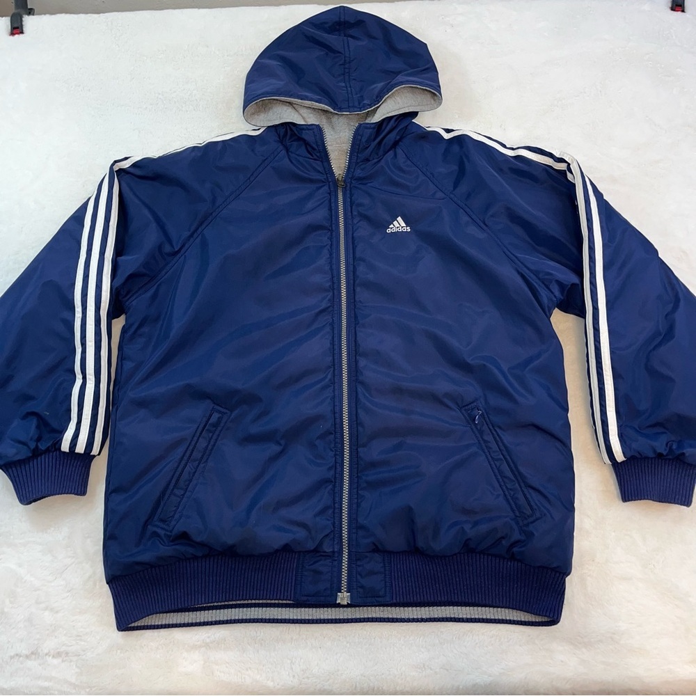 Vintage Adidas Reversible Hooded Bomber Jacket Boys XL Blue White Full Zip - Picture 9 of 16